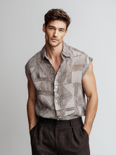 Men's casual linen geometric printed sleeveless shirt